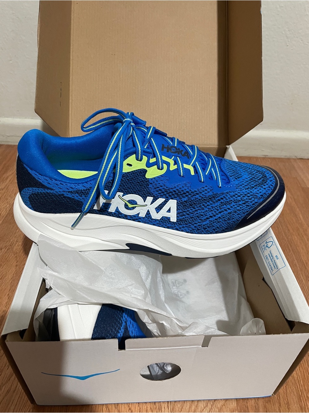 Hoka Blue and Neon Yellow Running Shoe